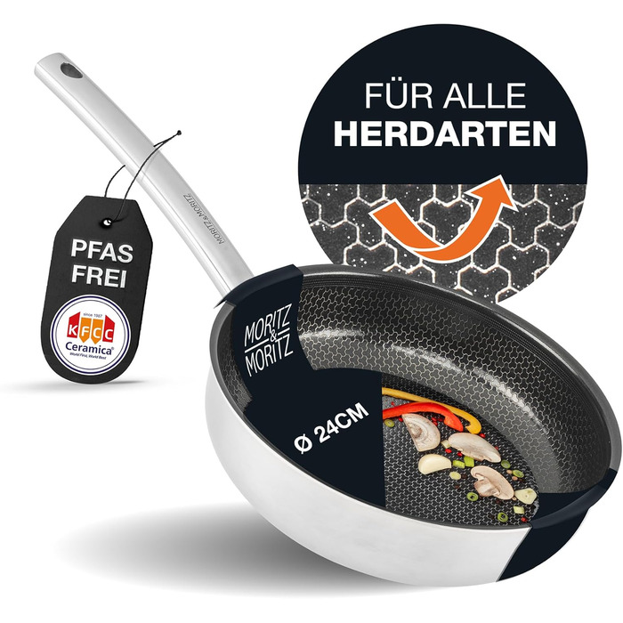 Пан з нержавіючої сталі Moritz & Moritz 28 см з керамічним покриттям нового покоління - підходить для всіх типів плит - антипригарна сковорода з вафельною структурою для приготування, смаження та тушкування