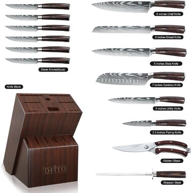 Набір кухонних ножів Dfito 15 предметів з підставкою: професійний набір ножів для кухні, кухонні ножі, кухонний набір, професійний кухарський набір, швейцарський ніж, точилка для ножів, коричневий