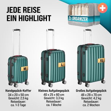 Набір валіз Monzana® 3шт (зелений) M-L-XL з замком, органайзером та вагами - гнучкі ручки, подвійні колеса, підставка, тріумф, валіза з жорстким корпусом, багажний набір