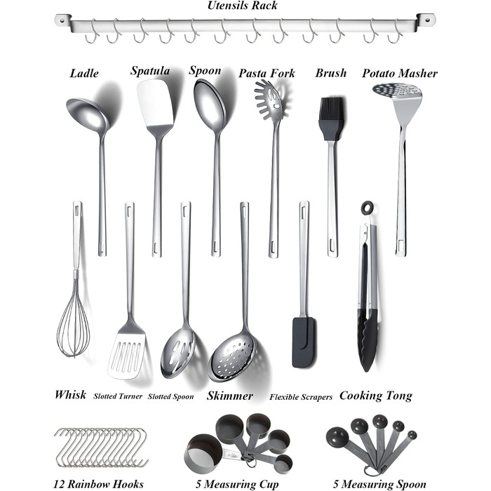 Набір кухонного начиння Kyraton з нержавіючої сталі, 37 предметів, набір кухонного приладдя, набір кухонних інструментів з тримачем для посуду, Набір кухонних ложок