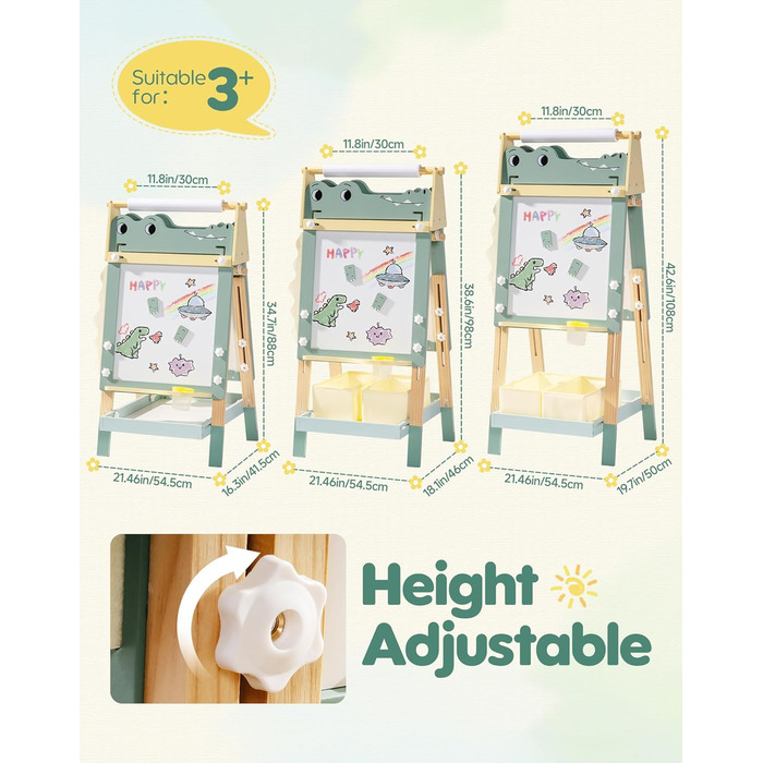 Мольберт для малювання ROBOTIME Alligator – 3-в-1, регульована висота, дерев'яний мольберт з магнітною дошкою, крейдяною дошкою та держателем для рулонів паперу, дитяча арт-станція для хлопчиків та дівчаток