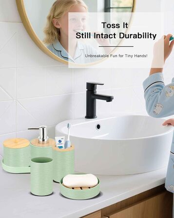 Набір аксесуарів для ванної кімнати IMAVO, 9 предметів: сміттєвий бак, дозатор мила, мильниця, тримач для зубних щіток, стакан для зубних щіток, тримач для унітазного йоржика, дозатор для ватних паличок (зелений, 26 предметів + шторка для душу з текстурою