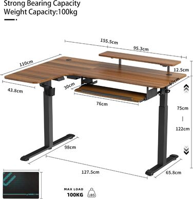 Регульований по висоті кутовий стіл 155x110 см, електричний, LED, Лоток для клавіатури, Горіх коричневий