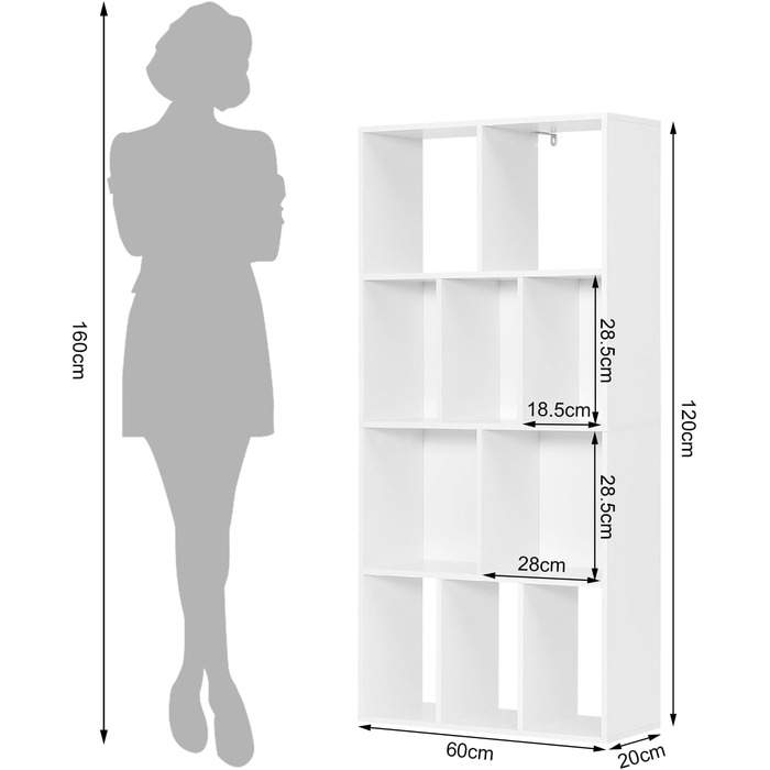 Книжкова шафа з 4 рівнями, полиця з 10 відділеннями для вітальні кухні офісу, окремо стояча полиця із захистом від нахилу, як перегородка кімнати Шафа для документів DVD полиця, 60x120x20 см, виготовлена з матеріалу на основі деревини, біла