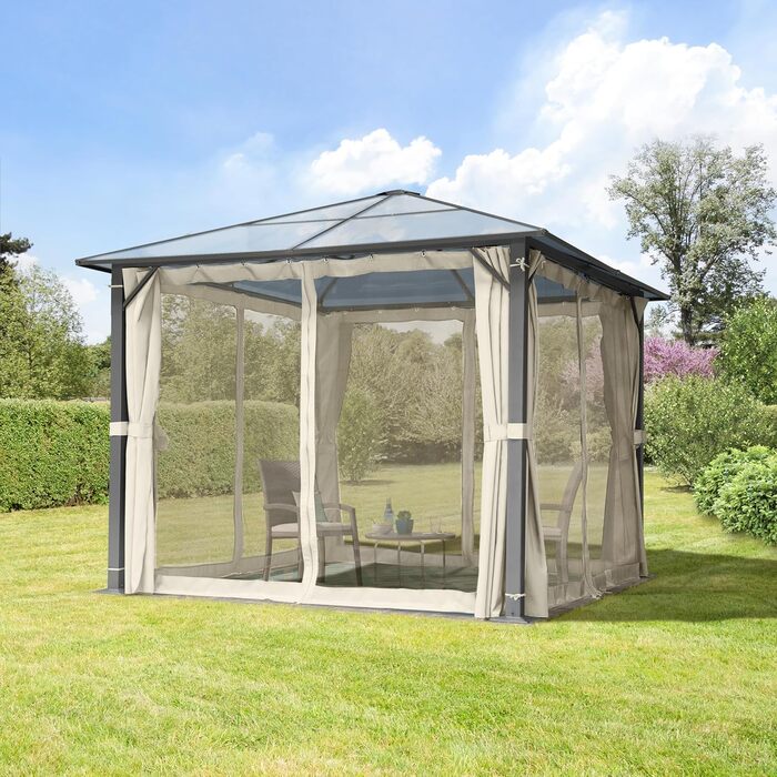 Пергола Gartenpavillon Polycarbonat 3x3 м, бежева, з 4 боковинами та москітними сітками