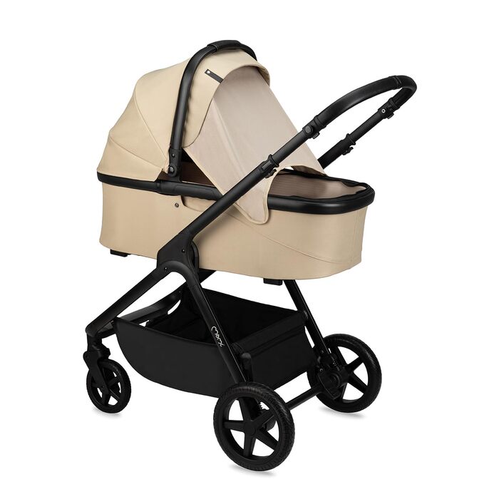 Дитяча коляска MoMi GISELLE 2 в 1 комбінована, бежева: для малюків від народження до 22 кг, з 5-точковим ременем безпеки, збірно-розкладна, з кошиком, матрацом, дощовиком та пеленатором