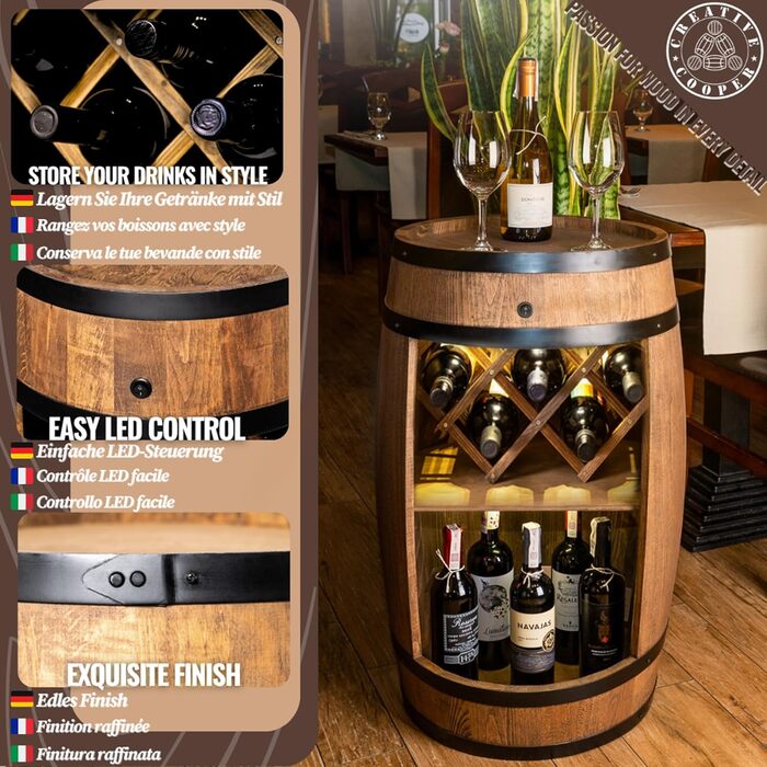 Дерев'яна винна шафа-бар Fass від Creative Cooper з LED підсвічуванням, 80x50 см - Рустичний декор для дому