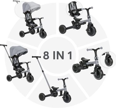 KikkaBoo Триколісний велосипед 8-в-1 з ручкою для батьків Aluma (Сірий) від 1 року. Дитячий велосипед з поворотним сидінням, ремені безпеки, алюмінієва рама