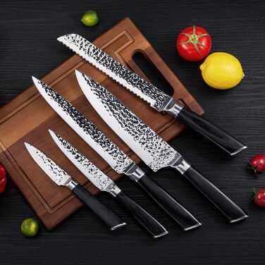 Набір кухонних ножів Messerblock 6 предметів: професійний набір з нержавіючої сталі з ергономічною ручкою з ебену, включає кухонний, м'ясний, хлібний, універсальний та овочевий ножі