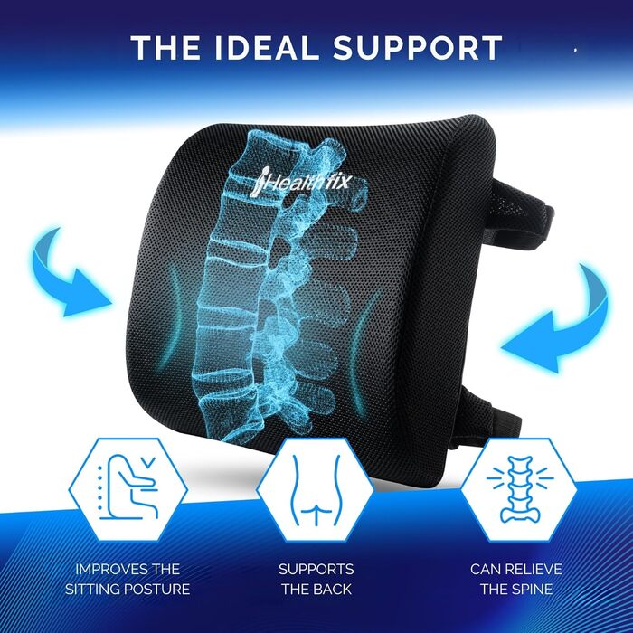Ергономічна подушка під поперек Healthfix з ефектом пам'яті для офісного стільця, авто та дивана (розмір Medium, 70-90 кг)