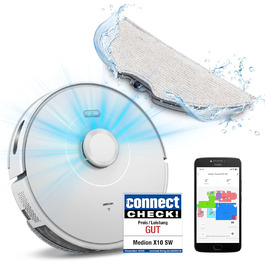 Робот-пилосос MEDION X10 SW з лазерною навігацією та функцією миття підлоги (2700Pa, 2-в-1, точна картографія, зони заборони, кілька поверхів)