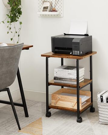 Столик для принтера VASAGLE з роликами, 3-рівневий, регульована стільниця, промисловий стиль, для офісу/кабінету, вінтажно-коричнево-чорний, OPS003B01V1
