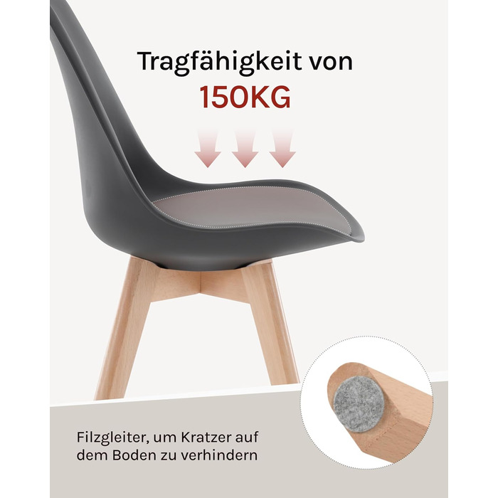WOLTU Комплект з 4-х кухонних стільців, скандинавський дизайн, штучна шкіра, масивні дерев'яні ніжки, до 150 кг, сірий