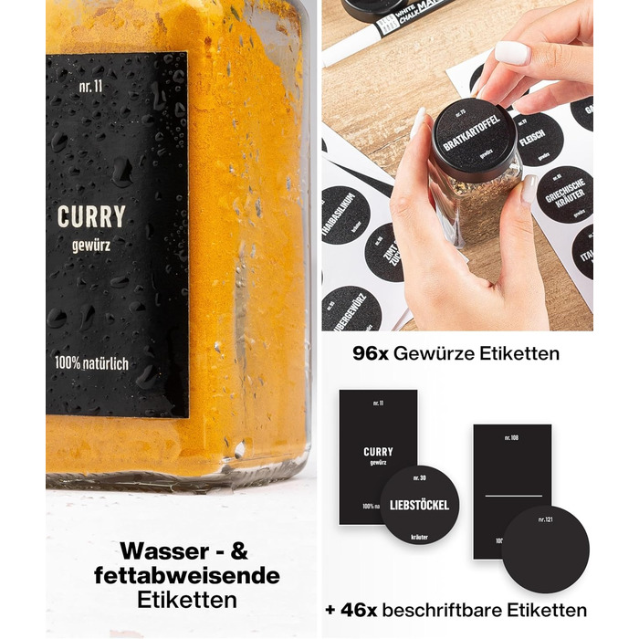 Набір скляних банок для спецій Deco haus® - 12 шт. з чорними кришками, з мірною ложкою та етикетками