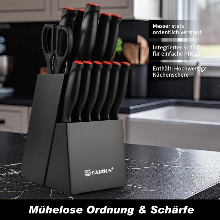 Набір кухонних ножів Katisun 16 шт. з підставкою, японська сталь, з заточувачем, дощечкою та ножицями. Кухонний набір для нарізання, шинкування та різання, стійкий до миття в посудомийній машині, титанове покриття