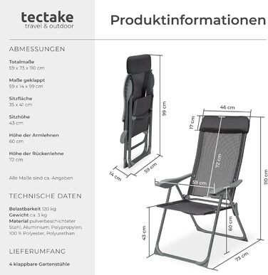 Шезлонги Tectake® 4 шт. - регульовані, з підставкою для ніг, легкі, складані, для саду, балкону, кемпінгу (Антрацит)