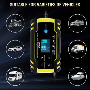 Зарядний пристрій для акумулятора URAQT 8A: 12V/24V, розумна автоматична зарядка для авто, LCD дисплей, режим ремонту, захист, для авто, вантажівок, газонокосарок, човнів
