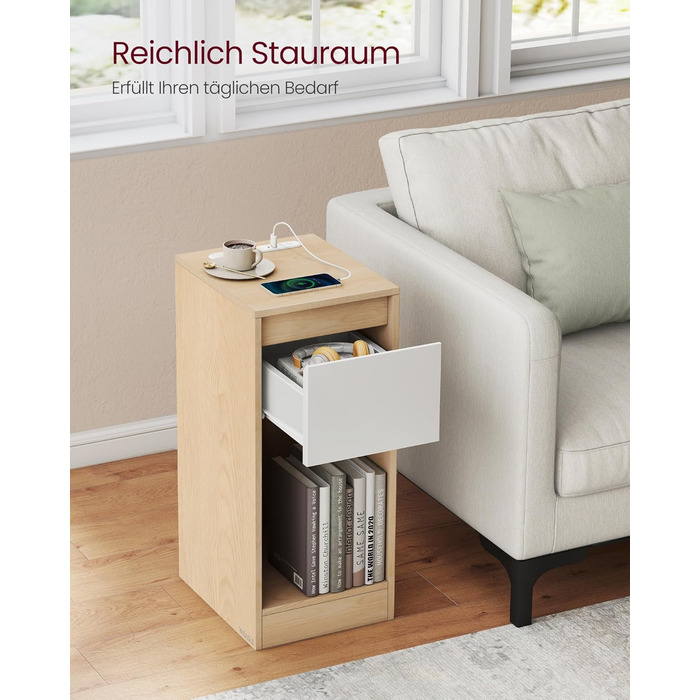 Приліжкова тумбочка VASAGLE з LED-підсвічуванням, USB-A та USB-C, шухляда та відкрите відділення, для спальні/вітальні, білий колір (LET60W0)