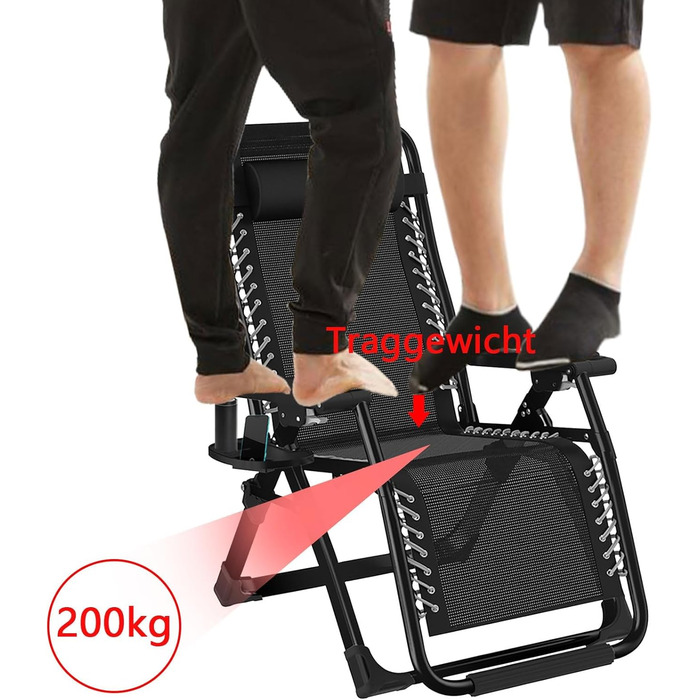 Розкладний шезлонг для саду та відпочинку на природі - Gartenliege, 200 кг, чорний