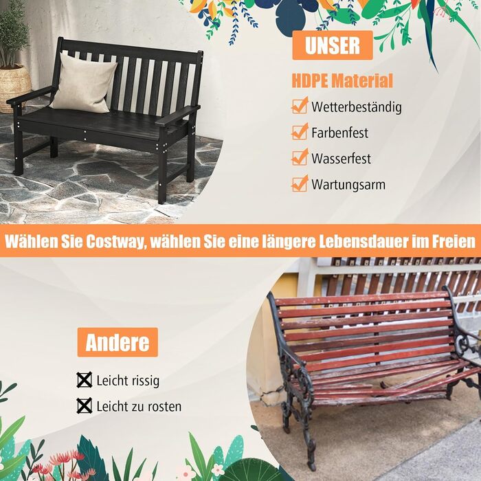 Садова лава COSTWAY з HDPE, всепогодна, чорна, для 2-3 осіб, до 320 кг, для саду, балкона та тераси, 132x65x91 см