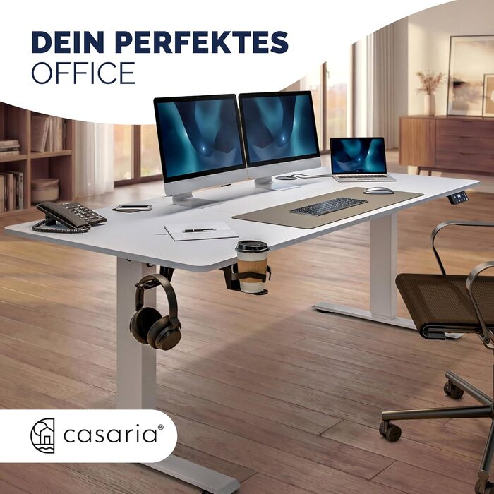 Ергономічний електричний стіл Casaria® 120x60 см з бездротовою зарядкою, USB-C/A, LCD-дисплеєм та пам'яттю (білий)