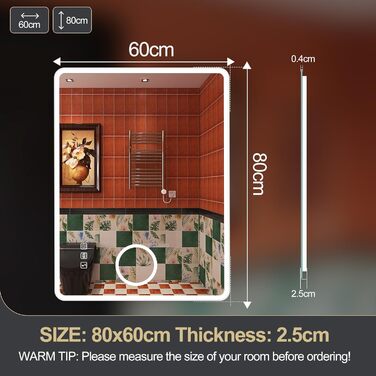 Дзеркало для ванної кімнати S'bagno з підсвічуванням 80x60 см, LED, Bluetooth, 5x збільшення, протитуманне покриття, 3 кольори, регулювання яскравості, пам'ять налаштувань, загартоване скло, IP44, водонепроникність, горизонтальна/вертикальна установка, M6