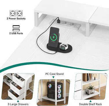 Письмовий стіл кутовий YITAHOME з USB-зарядом та розеткою, 4 шухляди, поличка, підставка під монітор, 140x100 см, білий