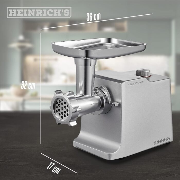 Електрична м'ясорубка HEINRICHS 1800 Вт, з насадками для ковбас і кеббе, 3 решітки, металевий редуктор, продуктивність 2 кг/хв