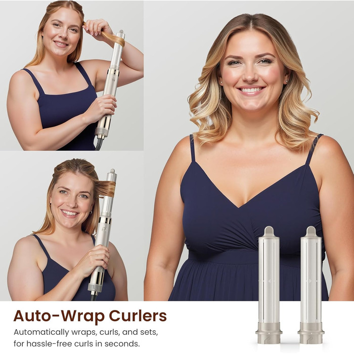 MESCOMB 5-в-1 Airstyler та Hairstyler: Фен-щітка з іонізацією, автоматичний локонів та об'ємна щітка – Швидке сушіння, укладка для локонів, об'єму та вирівнювання без пошкоджень | Легкий та ідеальний для дому, колір шампань-золото