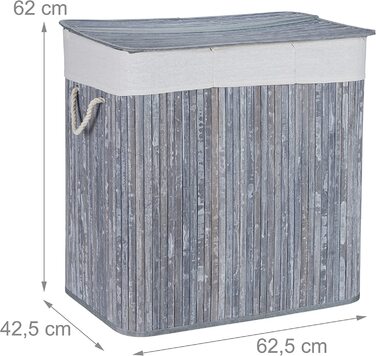Сортувальник для білизни Relaxdays, 3 секції, з кришкою, прямокутний, 62x62,5x42,5 см, бамбук, сірий/білий