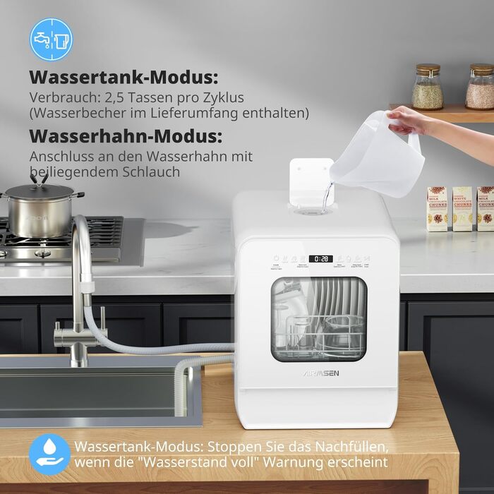 Мийка посуду AIRMSEN Mini для столу з резервуаром для води, ополіскувачем, 9 програм, 37*50 см, ультра-вузька, таймер 1-24 год, 360° подвійний розпилювач, шланг/без шланга, білий