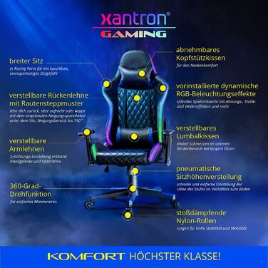 Ігровий крісло Xantron® з RGB підсвічуванням, чорний, PVC шкіра, до 150 кг, регульоване газовою пружиною