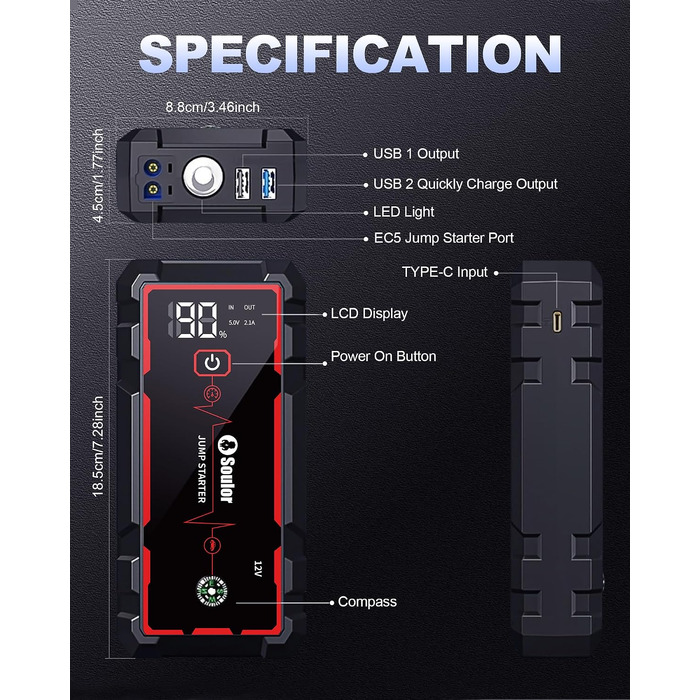 Бустер для автомобіля (Пусковий пристрій) 8000mAh, портативний акумулятор для запуску двигунів до 7.0L бензин та 5.0L дизель, 12V з ліхтариком (3 режими) та пусковими кабелями