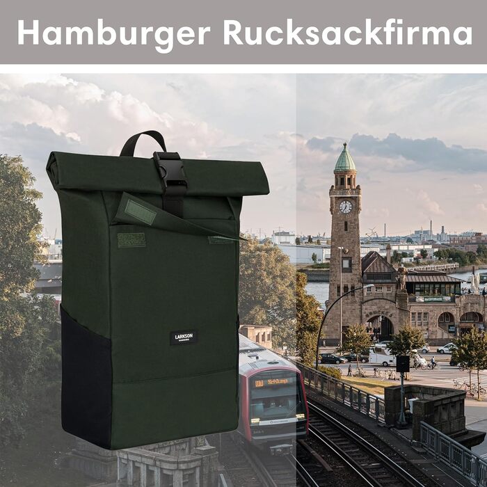 Рюкзак LARKSON Rolltop для жінок і чоловіків, водостійкий, з відділенням для ноутбука, для університету, роботи, подорожей і велосипеда, темно-зелений, універсальний розмір