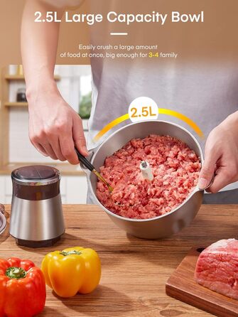 Електричний подрібнювач для кухні FOHERE 350 Вт, 2 швидкості, чаша 2.5 л з нержавіючої сталі, 4 леза для м'яса, цибулі та овочів