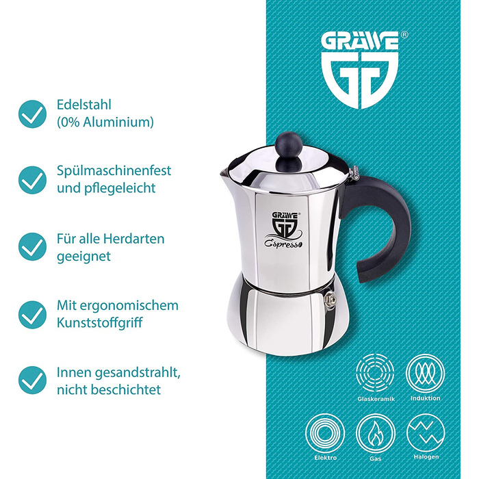 Кавоварка Gräwe espresso, виготовлена ​​з нержавіючої сталі (0 % алюмінію), ємність приблизно 200 мл або 4 маленькі чашки, також підходить для індукційних плит