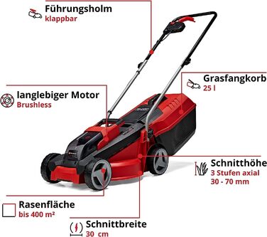 Акумуляторний газонокосарка Einhell City GE-cm 18/30 Li Kit Power X-Change (18 В, ширина косіння 30 см, до 150 м², Brushless, кошик 25 л, висота косіння 30-70 мм, з акумулятором 3.0 Ah + зарядним пристроєм)