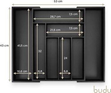 Органайзер для столових приборів та кухонних шухляд budu #45 з бамбука, розсувний, чорний (глибина 45 см)