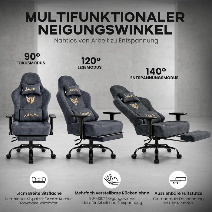 Ігрове крісло Gamer Sessel для геймерів, оббивка під замшу, 3D-підлокітники, з підніжкою та підтримкою попереку, посилена конструкція до 220 кг, сіре (Oversize)