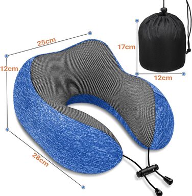 Подушка під шию для подорожей з ефектом пам'яті (Memory Foam) з 3D-маскою для сну та берушами, синя — ідеальна для літака, авто та офісу