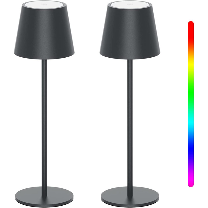K-Bright LED акумуляторна димована настільна лампа, 2 шт, бездротова, алюміній, IP54, тепле світло 3000K+RGB, USB-C, антрацит
