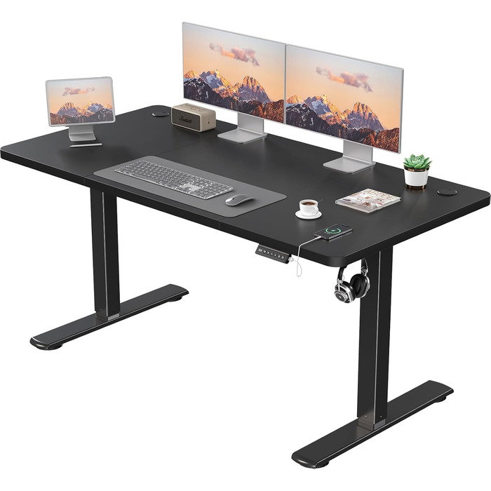 Електричний регульований стіл JUMMICO 140x60 см, чорний, з USB-портом для зарядки, ергономічний