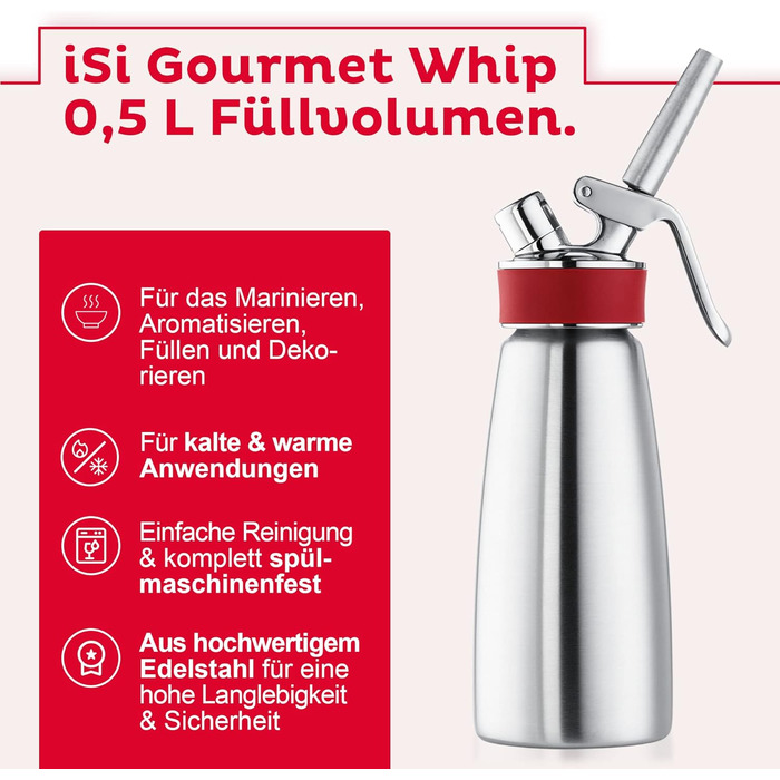 iSi Gourmet Whip – набір для збивання вершків 0,5 л з 6 упаковками капсул, нержавійка, насадки, лійка, сито, кришка – для вершків, супів, еспум та десертів