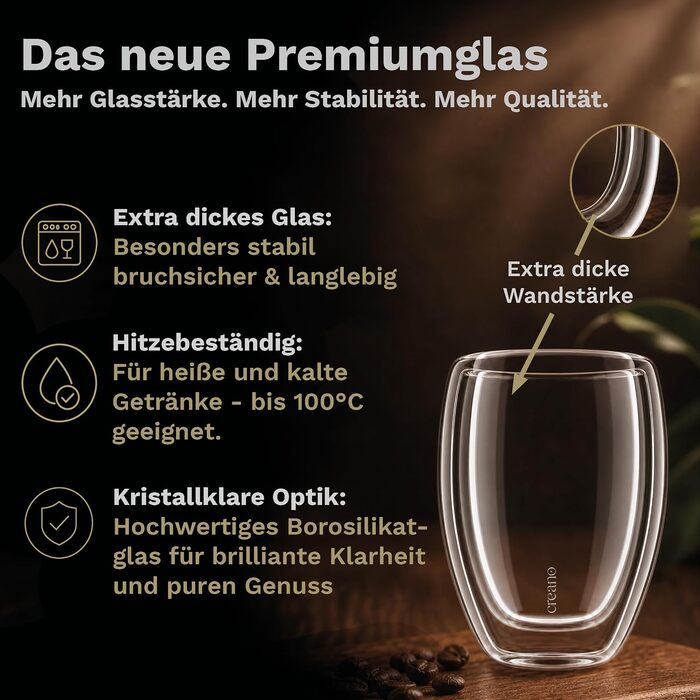Набір склянок з подвійними стінками Creano PREMIUM 400 мл, 6 шт — термосклянки з GastroSeal для посудомийних машин, гастрономічна якість