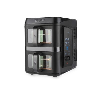 Аерофритюрниця Salter VertiCook View 9L: двокамерна з вертикальним дизайном, 12 програм Sync & Match, 4 рівні приготування, без PFAS, чорна