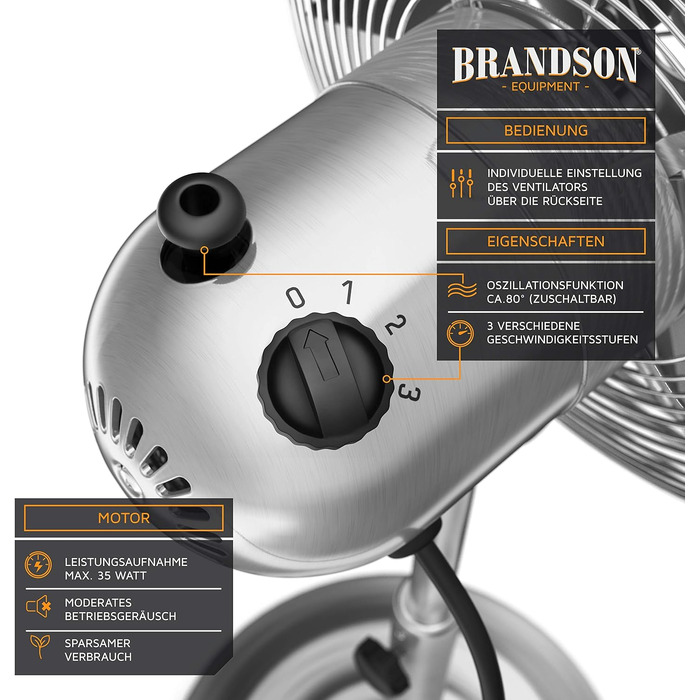 Підлоговий вентилятор Brandson Silverline з коливанням 80° та хромованим дизайном - 3 швидкості, регульована висота та нахил 30°