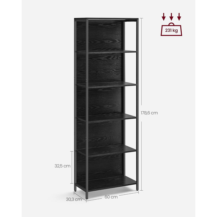 VASAGLE книжкова шафа з 6 полицями, стелаж зі сталевим каркасом, регульоване LED-підсвічування, 30,3×60×178,6 см, для вітальні, спальні, кабінету, чорне ебенове дерево