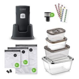Набір для вакуумування CASO Vacu OneTouch Eco-Set: ручний вакууматор, 3 скляних контейнери, 10 ZIP-пакетів та стікери Food Manager, акумуляторний, чорний