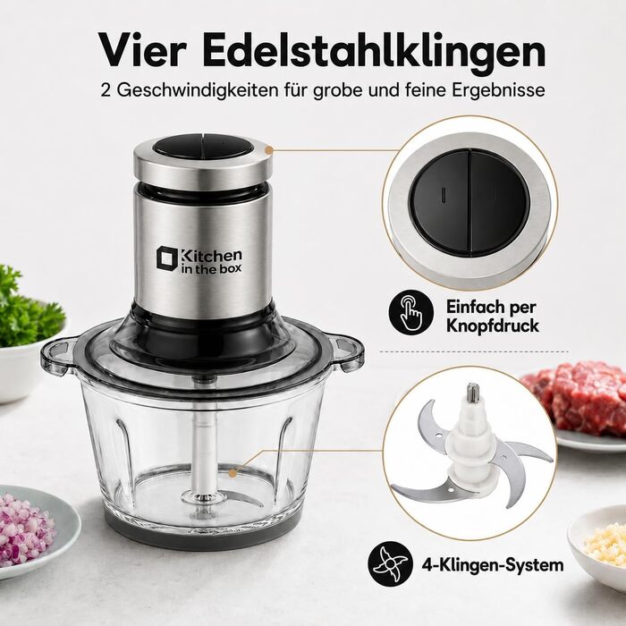 Електричний багатофункціональний подрібнювач Kitchen in the box 400W: 2 чаші по 2л (скло та нержавіюча сталь), 4 ножі, 2 режими швидкості для м'яса, овочів, горіхів та соусів, сріблястий