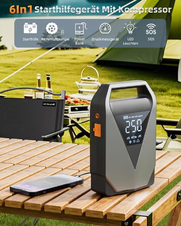 Пусковий пристрій Powerbank з компресором 6в1, бустер для авто 3000А 150PSI для 12В акумуляторів, автозапуск з LCD-екраном, QC3.0 та LED-ліхтарем (для всіх бензинових та дизельних двигунів до 8л)